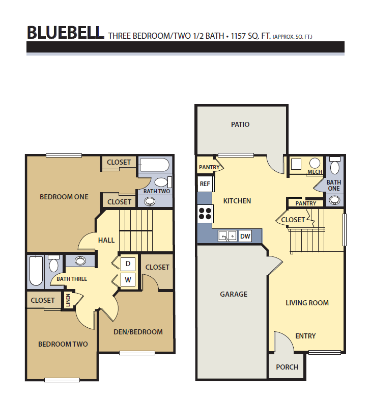 Floor plan for 3 beds, 2.5 baths, 1157 sqft